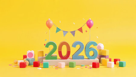 Happy new year with colorful wooden blocks and balloons on yellow backgroundの写真素材