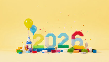 Happy new year 2026 with colorful toy blocks and confetti on yellow background