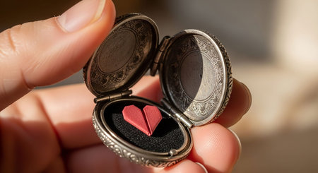 Heart in a pocket watch in the hands of a girl close-upの写真素材