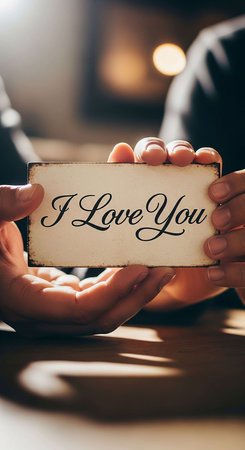 Hands holding a card with the words I love you in it.の写真素材
