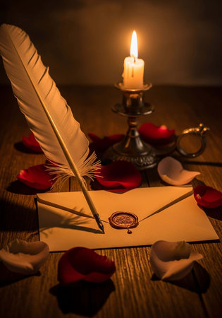 Romantic still life with a quill pen, red rose petals and hearts on wooden backgroundの写真素材