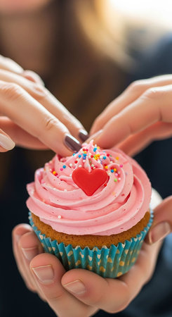 Woman's hands holding a cupcake with pink frosting and heart shapeの写真素材