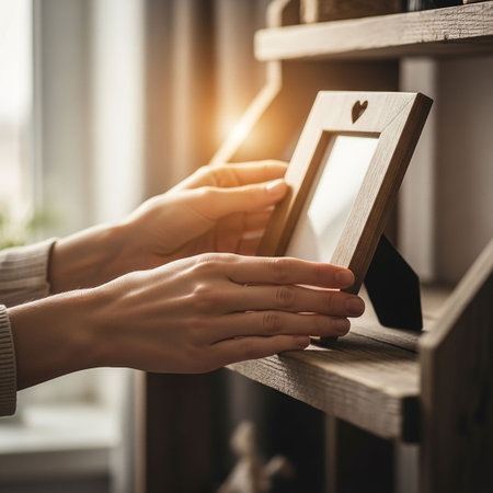 Close up of female hands holding wooden picture frame on shelf at homeの写真素材