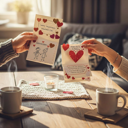 Valentine's day concept. Close up of couple holding greeting cards with red hearts.の写真素材
