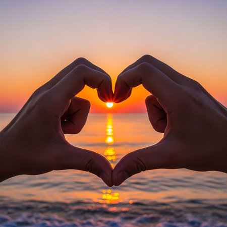 Hands forming a heart shape on the sea and sunset sky backgroundの写真素材