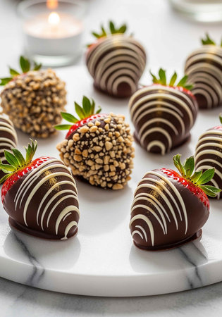 Chocolate dipped strawberries on a marble board. Selective focus.の写真素材