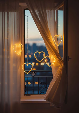 valentine's day heart shaped lights on a window with curtainsの写真素材