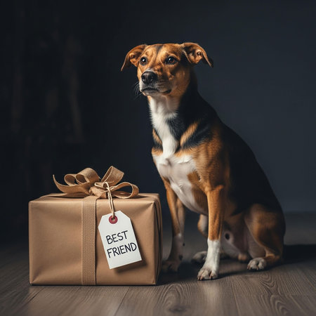 Cute dog with gift box on dark background. Pet shop conceptの写真素材