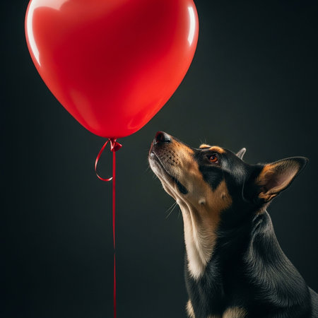 Cute dog with red heart balloon on black background. Valentines day concept.の写真素材