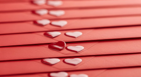 Red envelopes with red hearts on a red background, close upの写真素材