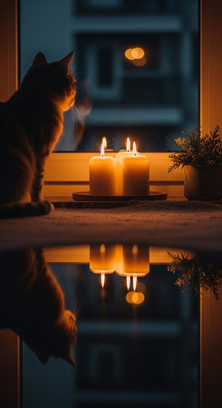 Cat and burning candles on the window sill. Selective focus.の写真素材