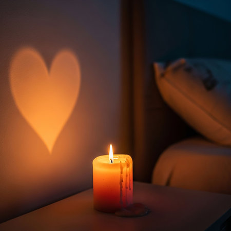 Burning candle in the room with heart-shaped lights on the wallの写真素材