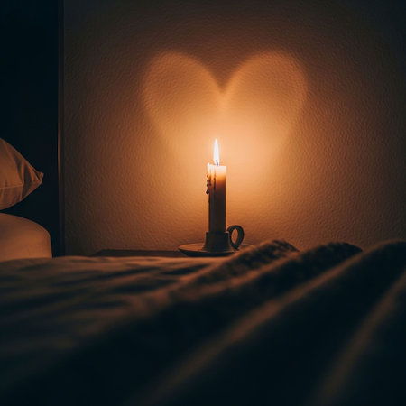 Candle on the bed in the shape of a heart. Valentine's Dayの写真素材