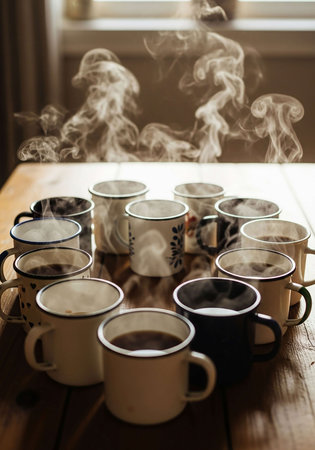 Coffee cups on a wooden table with smoke and steam.の写真素材