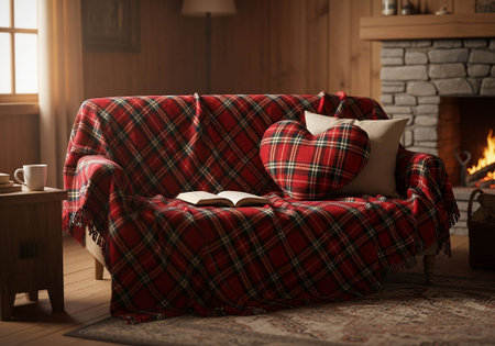 Comfortable sofa with pillows and plaid near fireplace at homeの写真素材