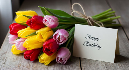 Bouquet of colorful tulips and card with text Happy Birthdayの写真素材
