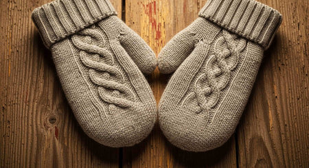 Two knitted mittens on a wooden background. Toned.の写真素材