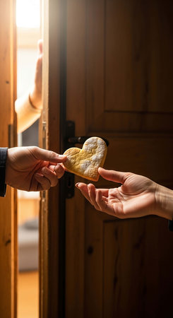 Couple holding heart shaped cookie in front of a wooden door.の写真素材