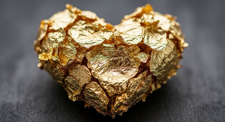 Heart shaped gold foil candy on dark background. Valentine's Day concept.の写真素材