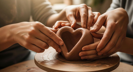 Hands of potter, creating a heart shape on pottery wheelの写真素材
