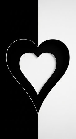Black and white paper heart shape on black and white background with copy spaceの写真素材