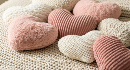 Pink heart-shaped pillows on knitted background, closeupの写真素材