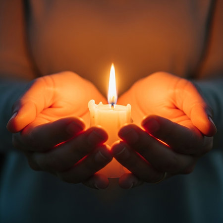 Candle in the hands of a girl on a dark background.の写真素材