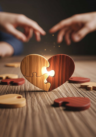 Close up of hands connecting wooden puzzle pieces. Teamwork conceptの写真素材