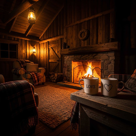 Cup of coffee with marshmallows on the background of a log houseの写真素材