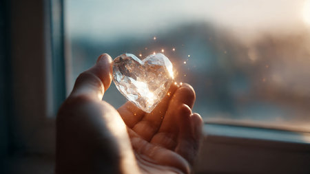 Man's hand holding a crystal heart on the background of the windowの写真素材
