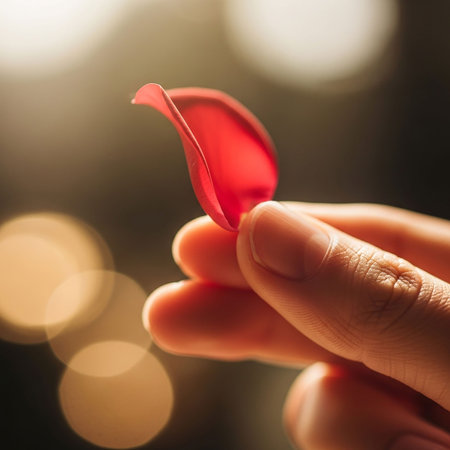 Female hand holding rose petals on bokeh background, closeupの写真素材