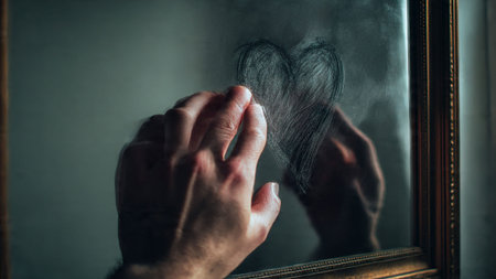 Close-up of a man's hand holding a broken heart in front of a mirrorの写真素材