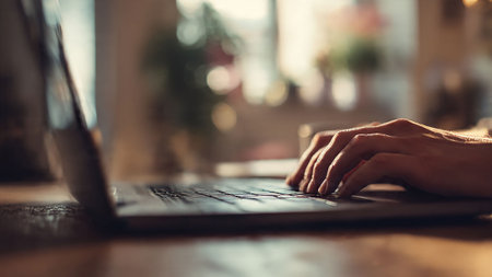 Close up of female hands typing on a laptop keyboard in a cafe
