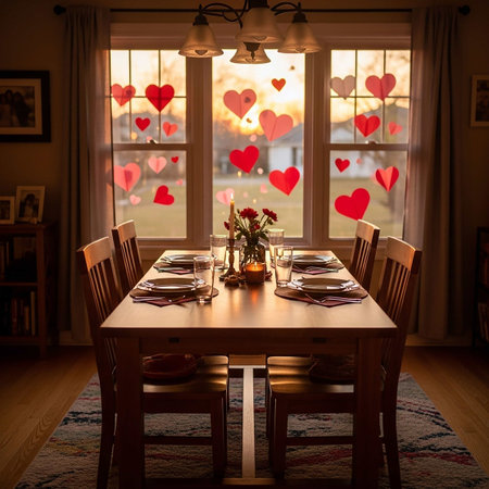 Dining room with heart shaped lights in the background. Valentine's day concept.の写真素材