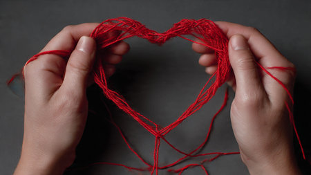 Hands holding a red thread heart on a gray background, close-up