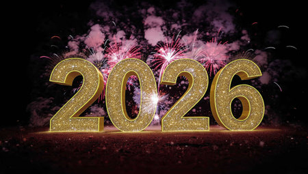 Happy New Year. Golden numbers 2026 and fireworks on dark background