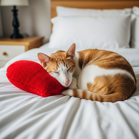 Cute ginger cat sleeping on the bed with red heart pillow.の写真素材