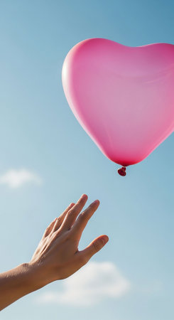 Woman's hand holding heart shaped pink balloon on blue sky background.の写真素材