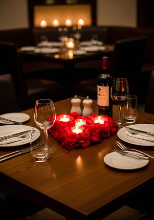 Romantic table setting with wine, candles and flowers in a restaurantの写真素材