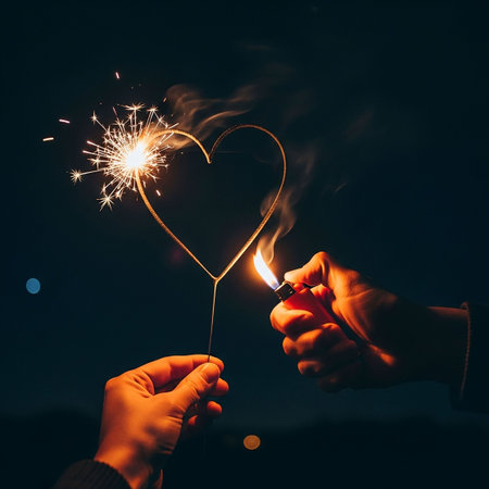 Man and woman holding sparklers in the shape of a heart.の写真素材
