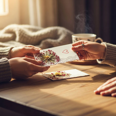 Hands of a man and a woman sitting at a table with a cup of coffee and a greeting cardの写真素材