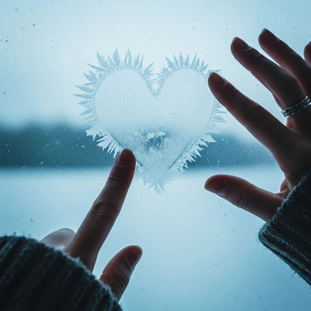 Woman's hands on frozen window glass with heart shape. Winter backgroundの写真素材