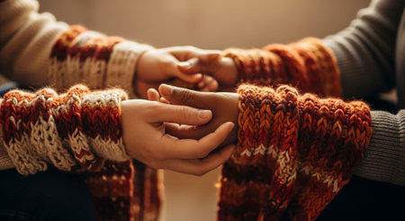 Close up of couple holding hands. Hands of man and woman in knitted sweaters.の写真素材