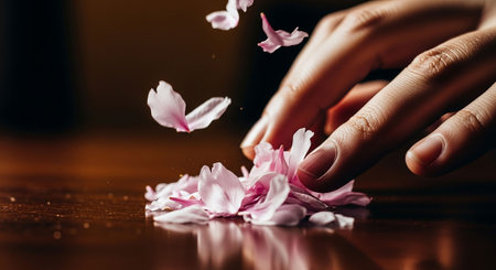 Close up of female hands with cherry blossom petals on wooden tableの写真素材