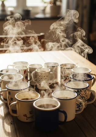 Coffee cups with steam on wooden table in coffee shop.の写真素材