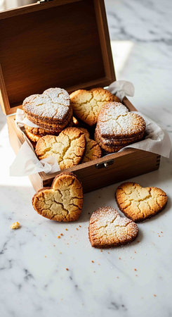 Sugar cookies in a wooden box on a white marble table.