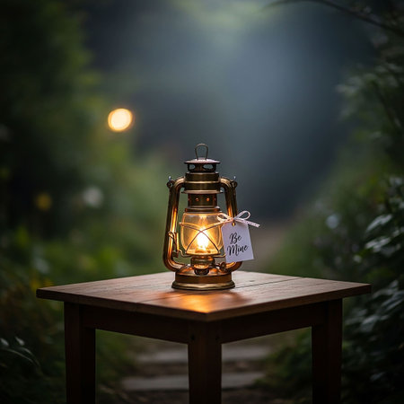 Lantern on a wooden table in the forest at night.の写真素材