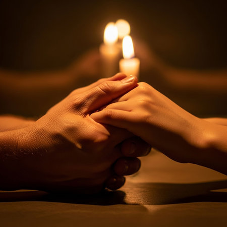 Close up of hands of woman and man holding hands with lit candleの写真素材