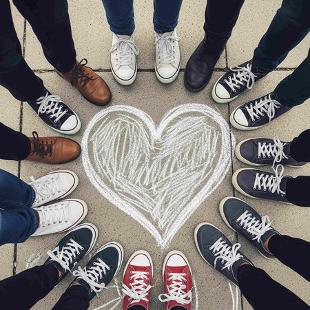 Top view of group of people standing in line and drawing heart on floorの写真素材