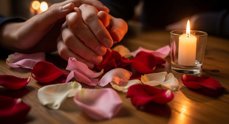 Wedding couple hands with rose petals and candle on the tableの写真素材